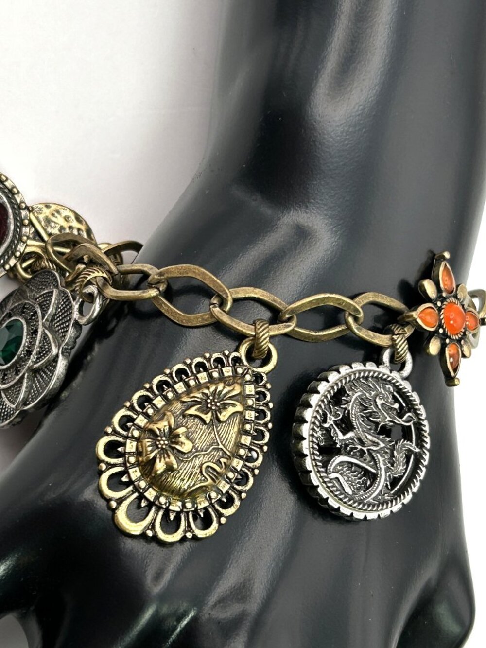 Lucky Brand Charm Bracelet Dragon Peace Symbol Toggle Clasp